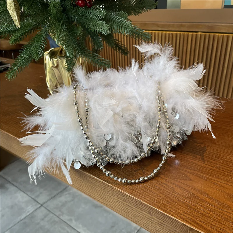 

Literature Fairy Sequins Wool Evening Bags Hand Held Vintage Turkey Feather Crossbody Shoulder Party Designer Dinner Handbags