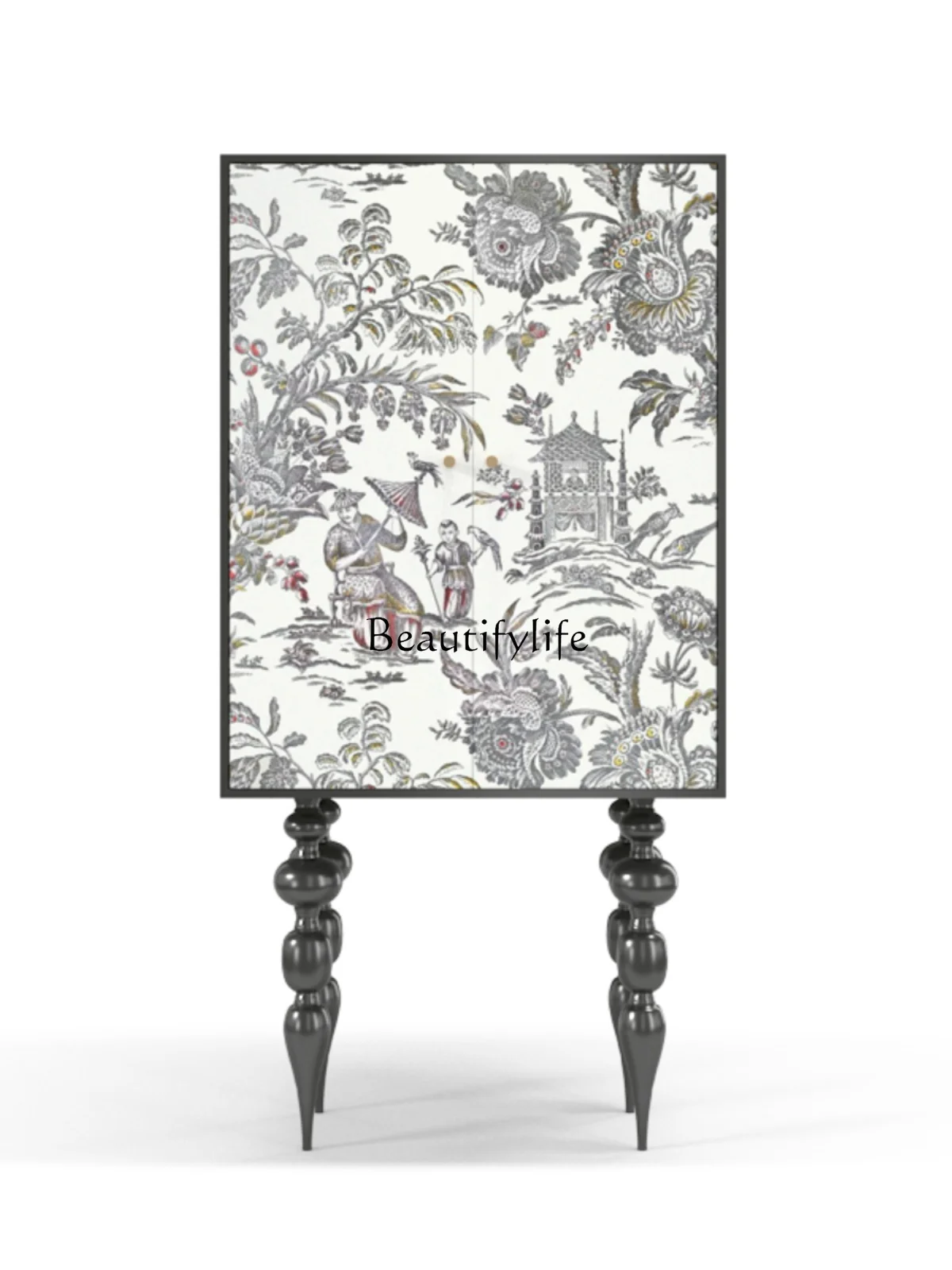 프렌치 레트로 크림 스타일 수납장, 블랙 앤 화이트, 럭셔리 원목, 하이 레그 사이드 보드 캐비닛 