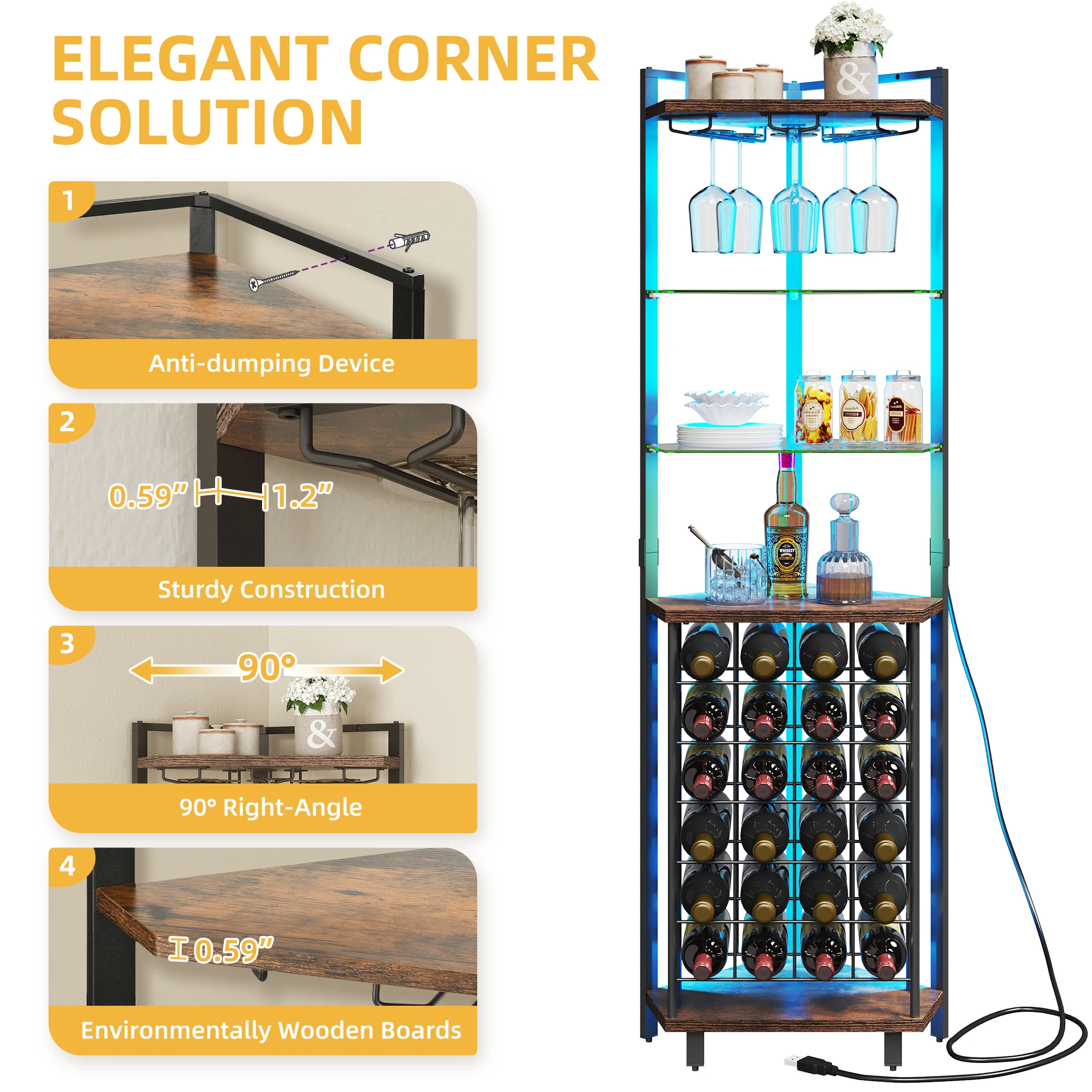 4-Tier Corner LED Wine Rack with Glass Holder & Shelves Industrial Bar Cabinet