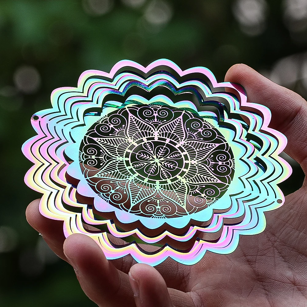 10 センチメートルカラフルな曼荼羅風鈴ステンレス鋼 3D 回転可能な風