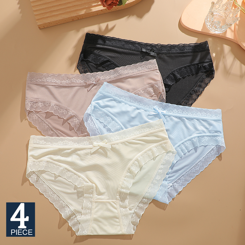 FINETOO 4PCS/SET Women Sexy Panties Soild Color Breathable Underwear Lace Bow Lingerie Female Ultra Thin Transparent Briefs New