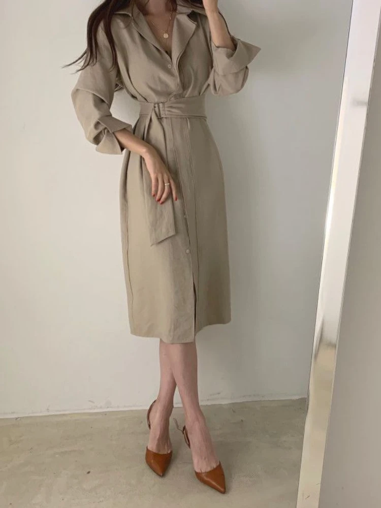 

Chic Slim Fit Shirt Dress Office Ladies Long Sleeve A-line Casual Midi Dress 2022 Autumn Female Elegant Vestidos Women Clothing