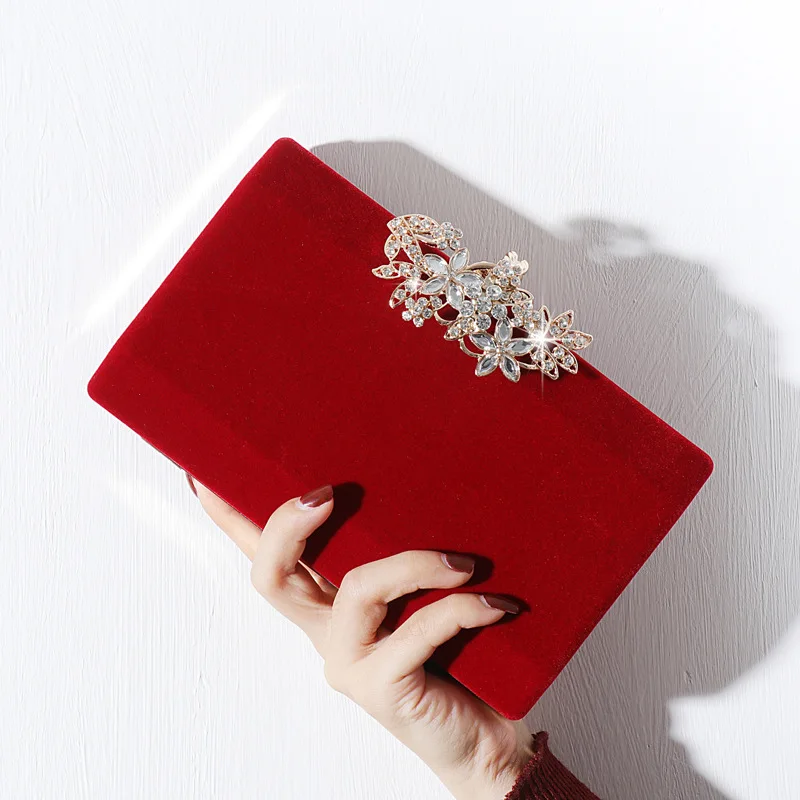 European fashion Noble Lady Rhinestone Evening Clutch Tote Bag Burgundy Black Gold Solid Women Shoulder Chain Suede Surface shoulder bags women evening bag