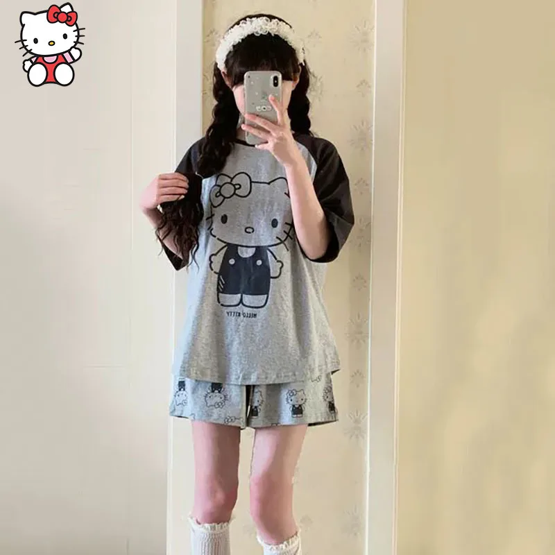 

2Pcs Kawaii Sanrio Home Clothing Set Anime Cute Hello Kitty Cartoon Printing Comfort Short Sleeves and Shorts Gifts for Girls