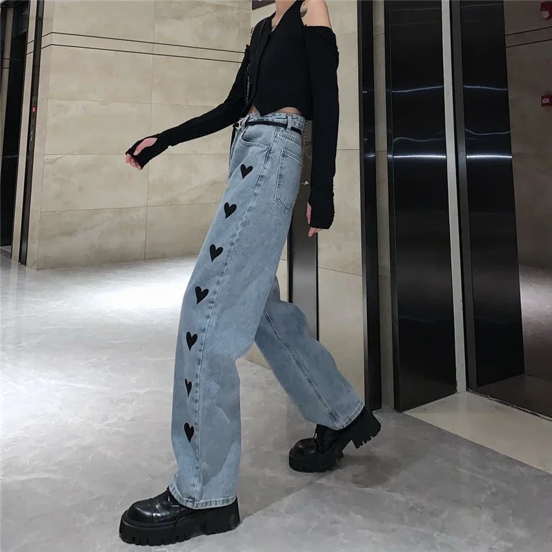 Vintage Heart Shape Printing Jeans Wide Leg Pants Women Korean Loose Straight Denim Pants 2023 Autumn Winter Fashion Trousers