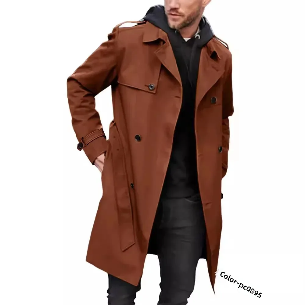Spring Autumn Cross-border Long Sleeve Men's Lapel Double Row Button Casual Durable Jacket Medium-length European Men's Overcoat