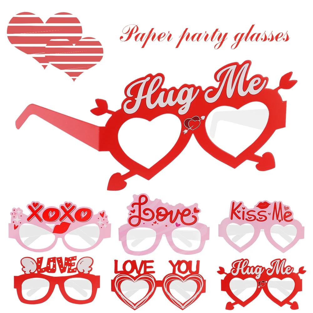 6pcs/lot Valentine's Day Themed Party Funny Glasses Photo Props Paper Cartoon Love Heart Decorated Glasses Holiday Dressing Gift 10 themed silicone bracelets note bracelets dance challenge party wristbands for boys party supplies white