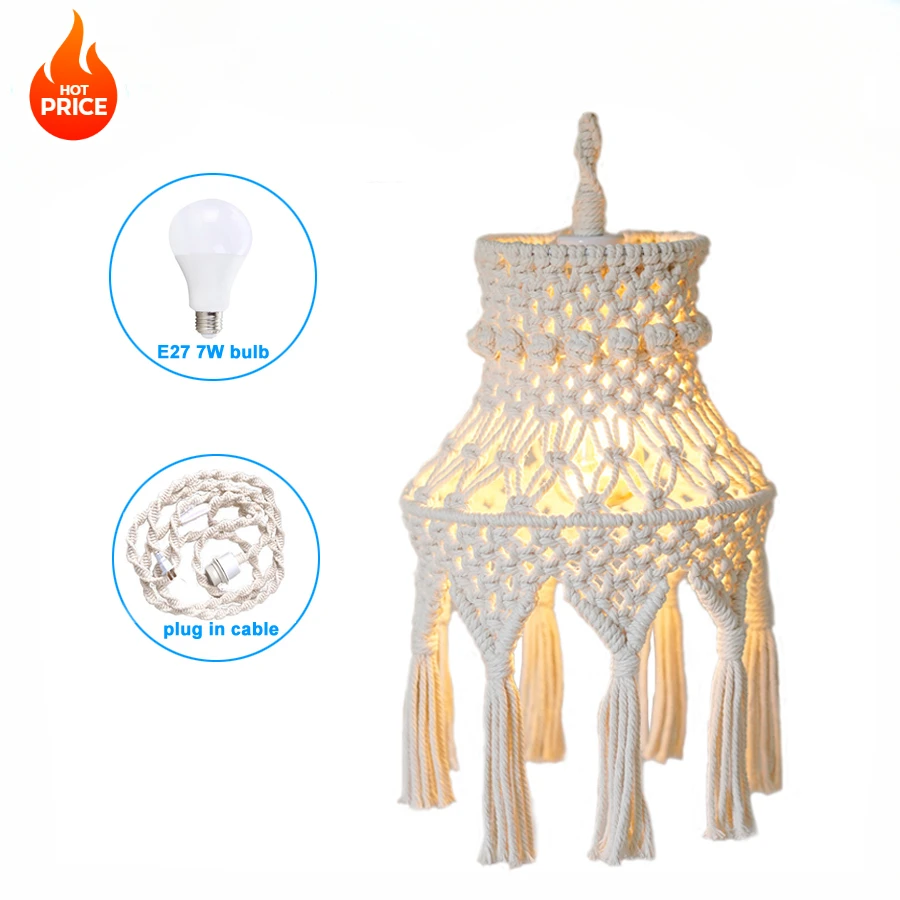 Boho Hanging lampshade Fixture Cover Woven Macrame Lamp Shade Plug in Pendant Light Fixtures For kitchen living room decor