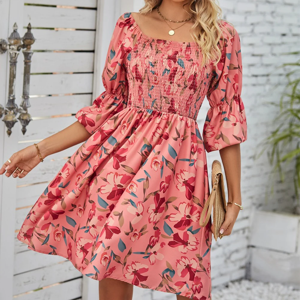 

Womens Dresses Leisure Above Knee Dress Beach Breathable Clubwear Floral High Waist Holiday Ladies Puff Sleeve