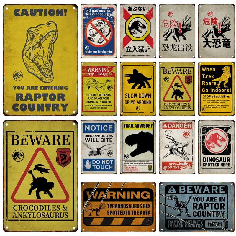 Dangerous Dinosaur Metal Warning Sign No Entry Sign Tin Painting Plaque Home Club Movie Theater Wall Art Decor Panel Mural Gift