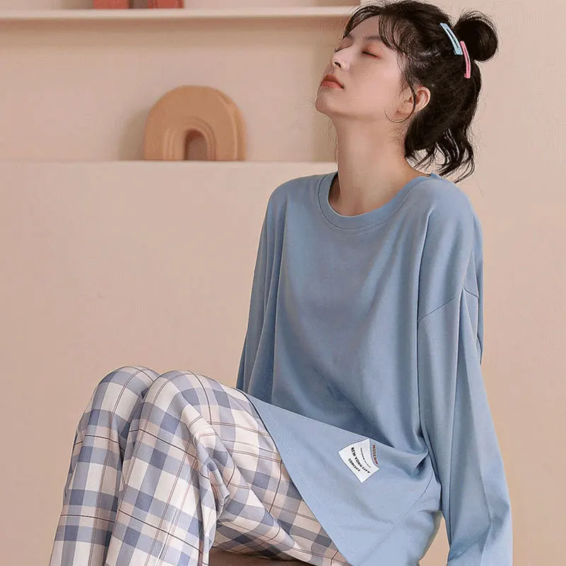 Women 2 Pieces Pajamas Sets 100% Cotton Pijama Print Female Pyjama Sleepwear Long Sleeve Shirt Pants Suit Homewear Loungewear