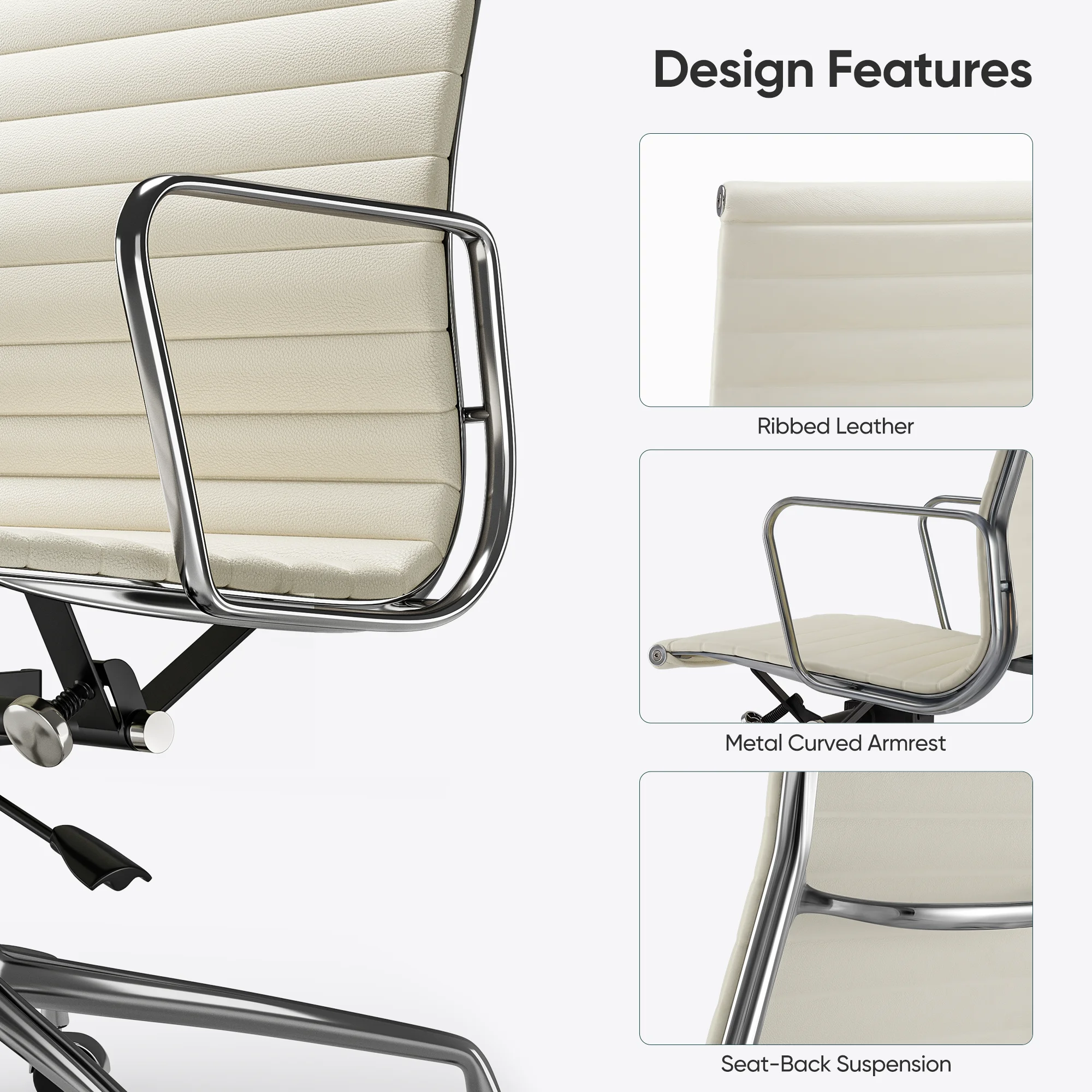 Ribbed Office Chair Meeting Chairs Mid Back Top Black Grain Leather Desk Chair Swivel Chair Adjustable Ergonomic Computer Chairs 4