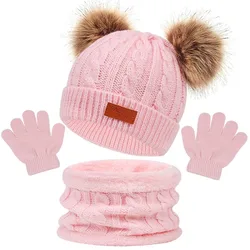Cozy Knitted Baby Winter Set: Hat, Scarf, and Gloves with Fur Pom Pom (Pink 2)