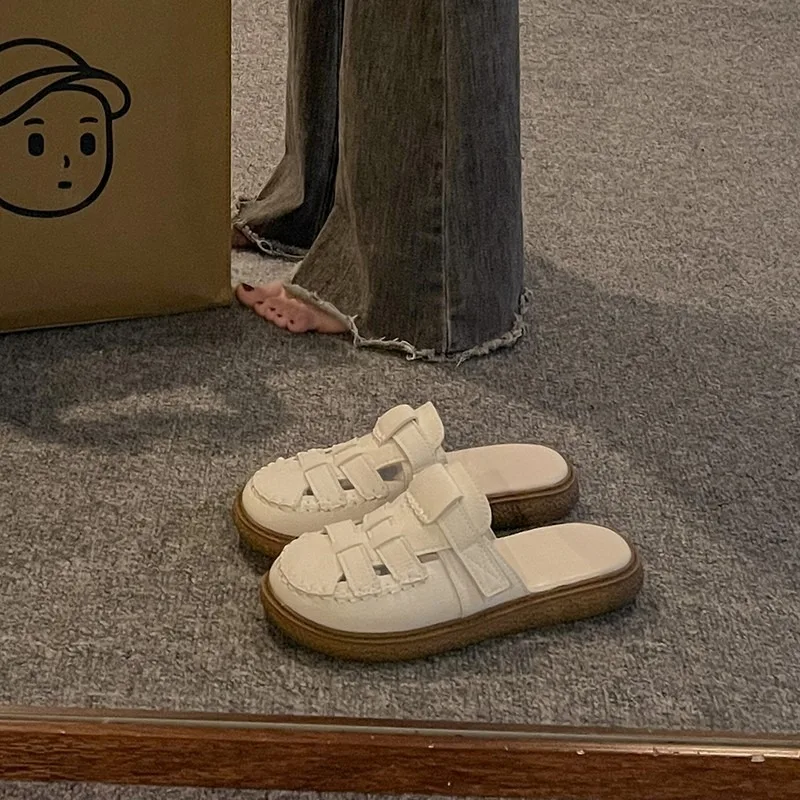 Baotou Sandals Women Wear 2024 Summer New Hollow-out Heelless Thick Sole Lazy Half Slippers Women Shoes  Slippers