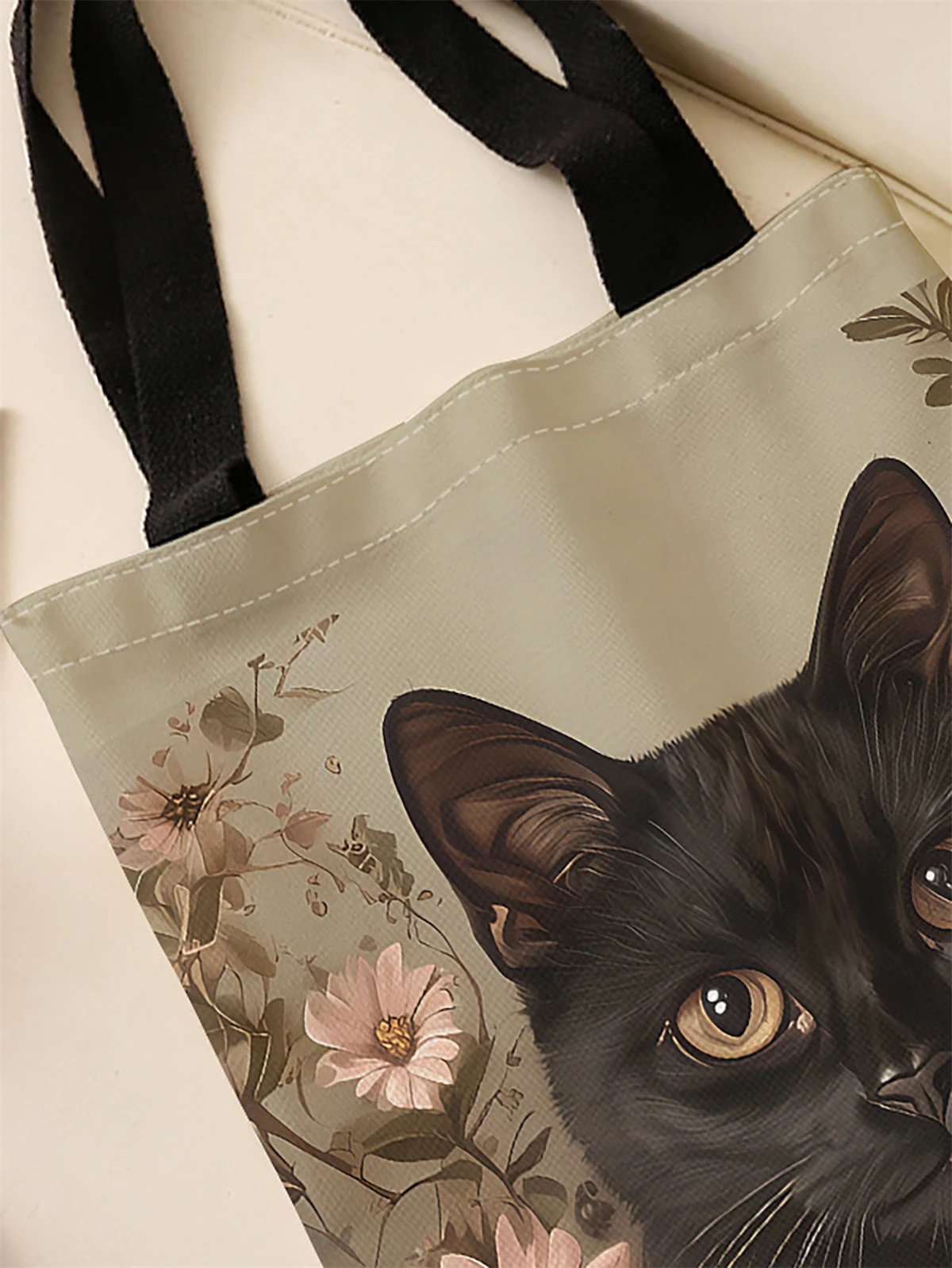 Black cat pattern printed casual handbag, reusable fashionable backpack, multifunctional handbag, canvas shopping bag