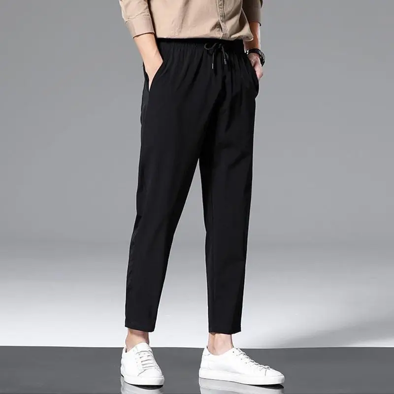 남성용 아이스 실크 루즈 포켓, 다용도 트렌디 스트레이트 튜브, 캐주얼 봄 여름 얇은 바지, 대형 스포츠 바지