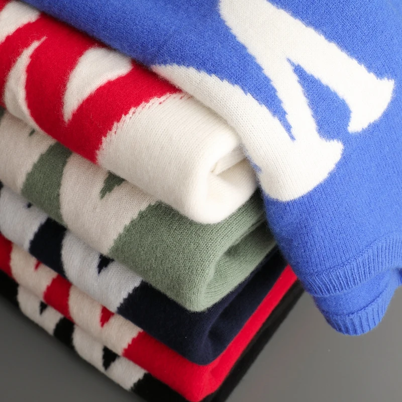 Autumn And Winter New 100% Pure Wool Round Neck Pullover Letter Jacquard Double Thick Knitted Cashmere Bottoming Sweater