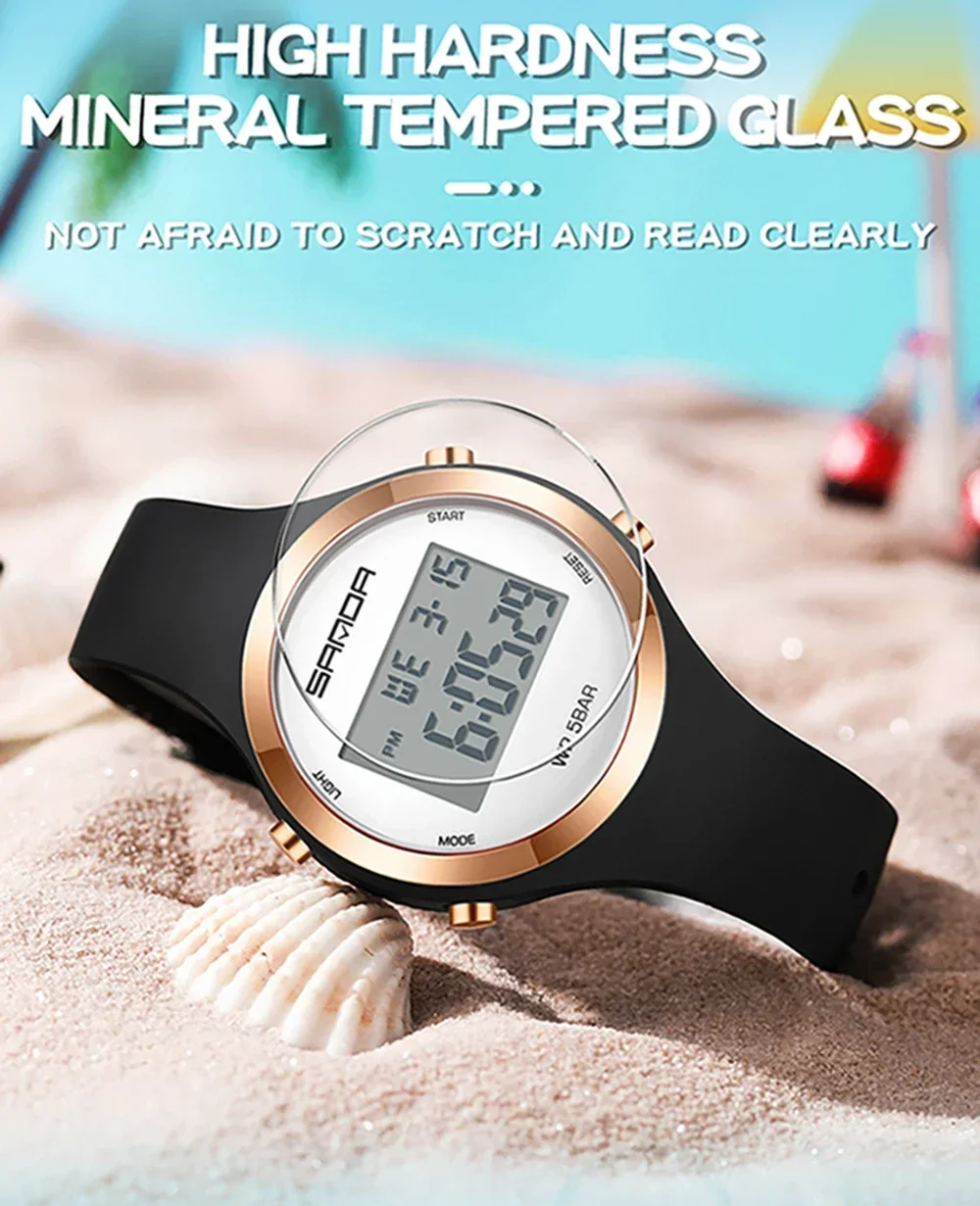 SANDA 2147 Montre numérique élégante et étanche pour femmes, chronographe LED, montre-bracelet de sport pour femmes, cadeau pour garçons et filles_voghion.com