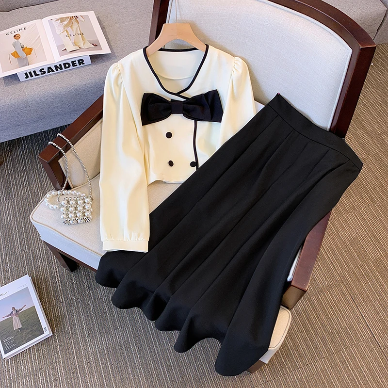 

Vintage Women Party Suit Bow Shirt Top And A line Skirt 2 Piece Sets Outfits Large Size Ladies New in Matching Clothes 2023