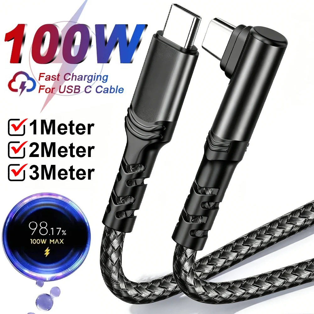 USB-C to Type-C 100W High-Speed Charging Cable, 90-Degree Right Angle, Nylon Braided Data Cord