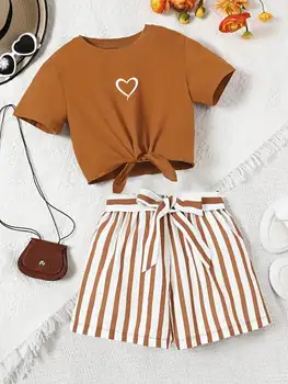 Women's casual daily short sleeved love printed+striped printed shorts 2-piece set with random belt striped children's clothing 1