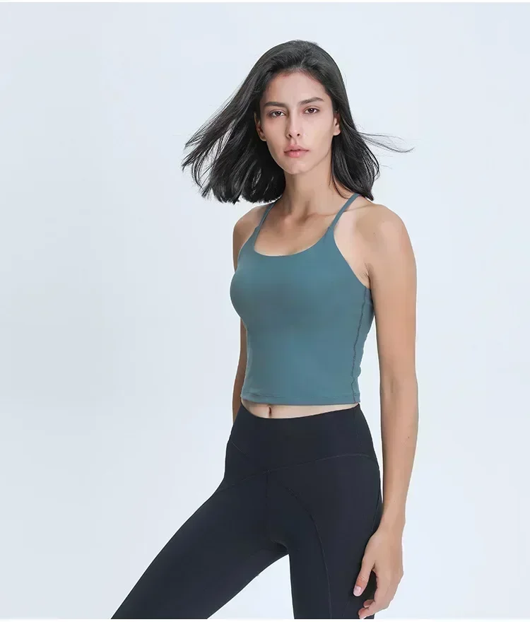 Lemon Women Gym Sports Tank Top Crop Sling Movable Y-line Yoga Vest Summer Outdoor Jogging Fitness Shirts Built In Bra Crop Top