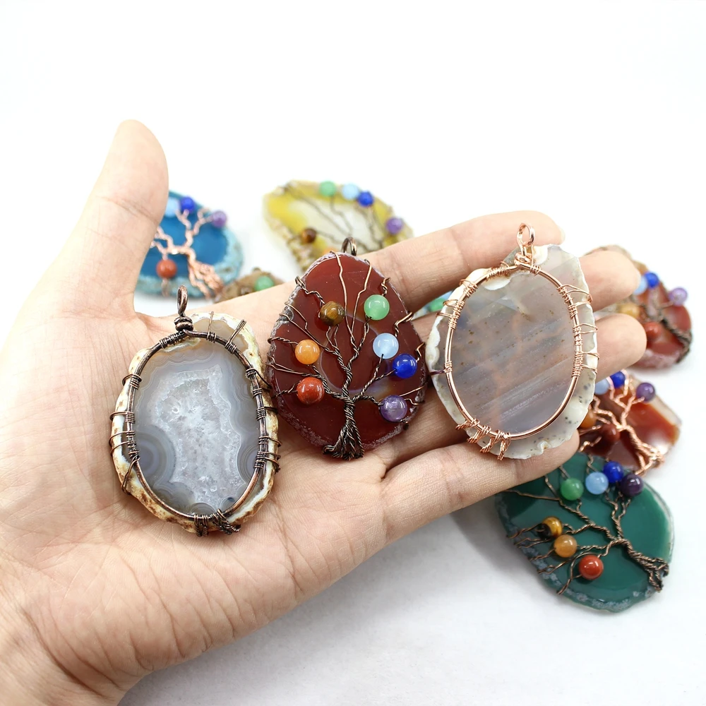 Natural Stone Pendant 7 Chakra Irregular Agate Tree Of Life Copper Wire Wrap For Jewelry Making Women Men Necklace Accessories