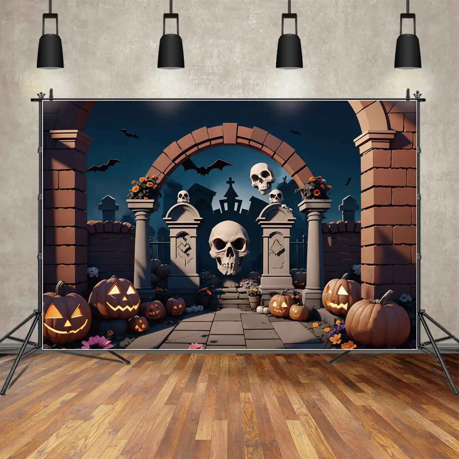 

MOON.QG Photography Backdrop Halloween Graveyard Pumpkin Lantern Skull Photo Background Custom Children Party Photoshoot Props
