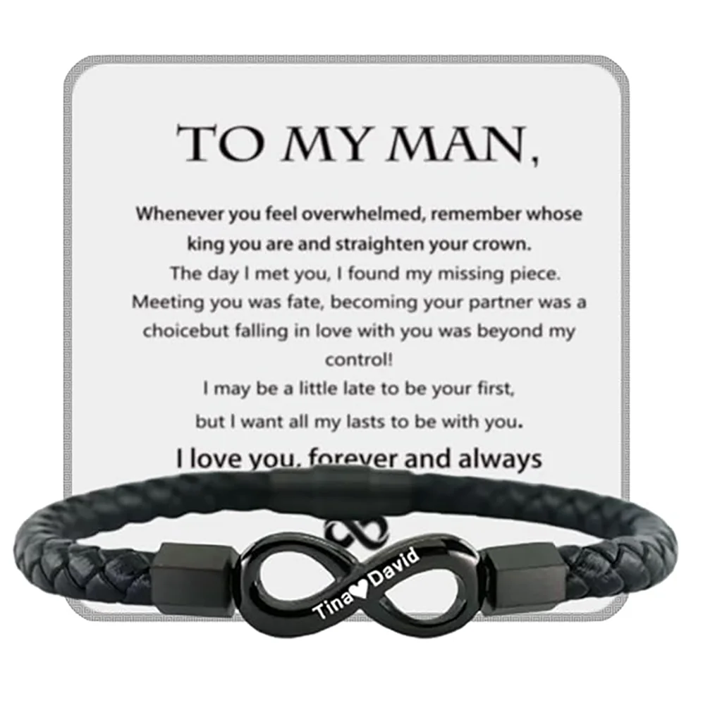 

Personalized Infinite Symbol Men Leather Bracelet Custom Names Braided Leather Bracelet for Men Valentine's Day Gift