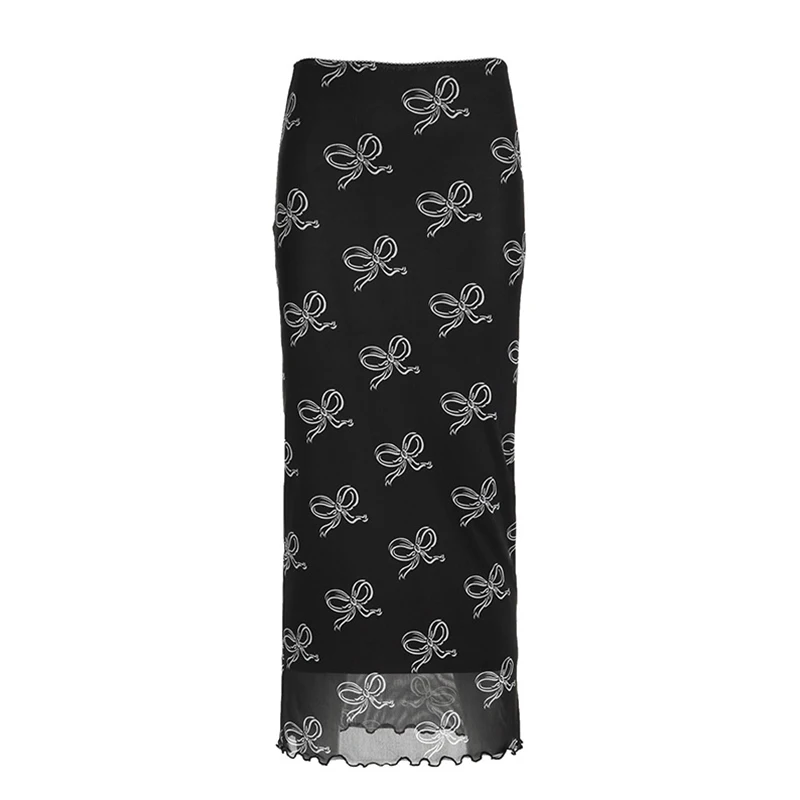 Falda Y2K Fairycore para mujer, con estampado de lazo y ribete de encaje, de cintura baja, de malla, ajustada, estilo grunge de los años 2000, para fiestas y ropa de calle.