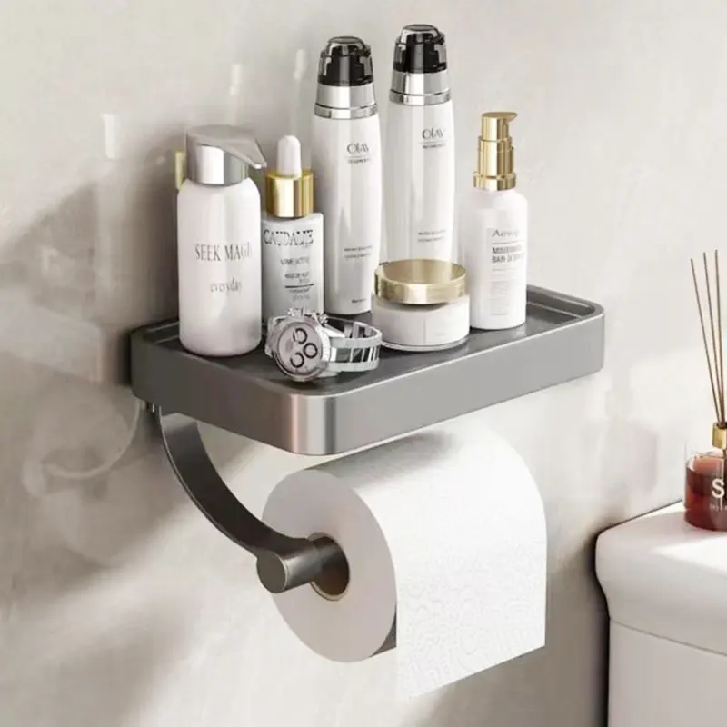 Portarrollos de baño con estante, dispensador de papel higiénico montado en  la pared, madera y aluminio SHUNLI