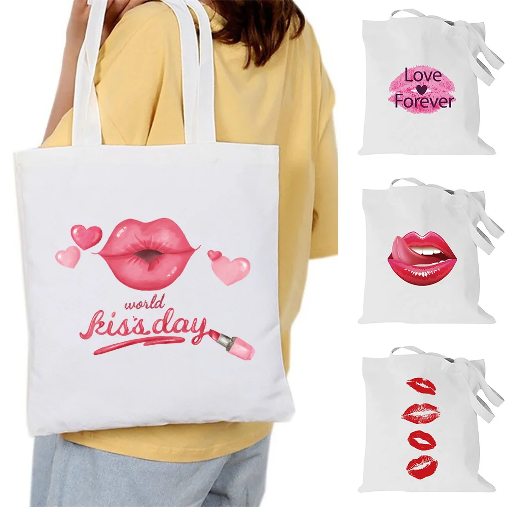 

Ladies Shoulder Bags Casual Reusable Shopping Handbags for Girls Foldable Mouth Series Print Canvas Supermarket Organizer Tote