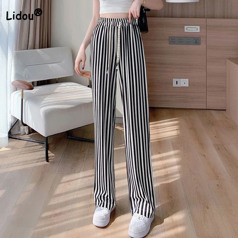 

Fashionable Ice Floss Drawstring Wide Leg Pants Korean Black and White Vertical Stripe Printing Loose Summer Lady Straight Pants