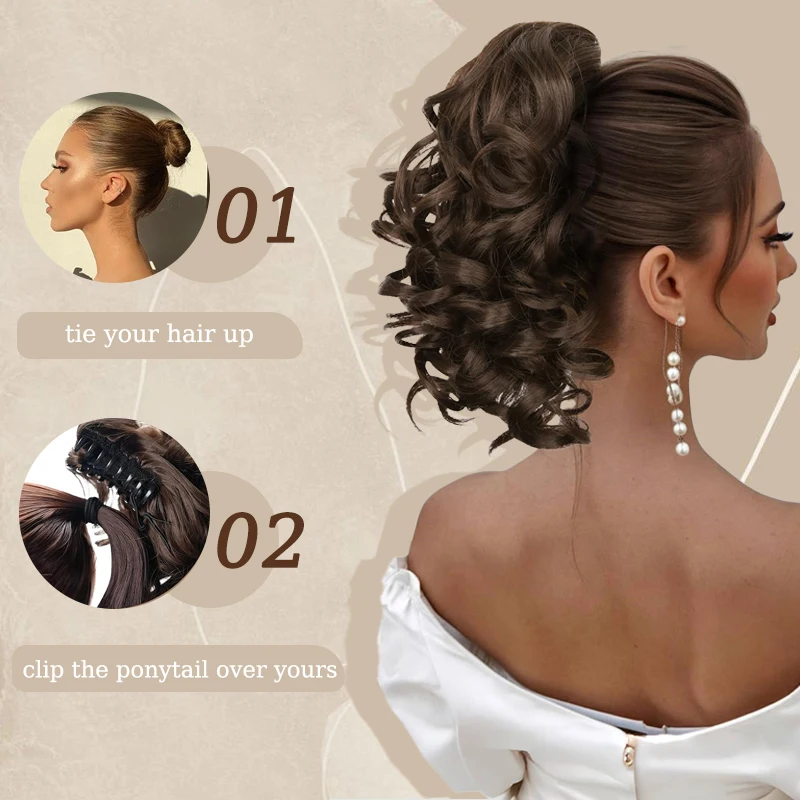 12inch Synthetic Wavy Hair Ponytail Extensions Wig Roman Curl Claw Clip Ponytail Hairpiece with Drawstring for Women Daily Party