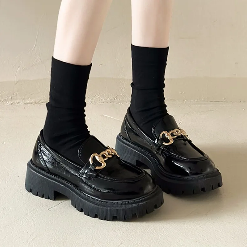 Leather Women Pumps Heels Loafers Metal Button Black Platform Women's Shoes Fashion JK Lolita Soft Soled Student Office Shoes
