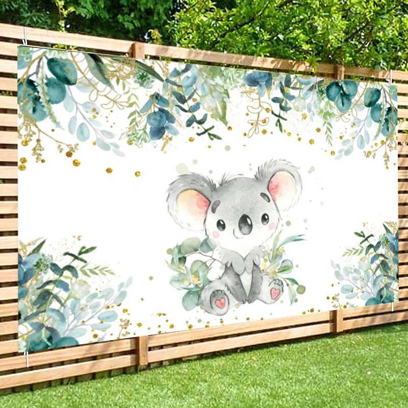 Koala Urso Fotografia Fundo Birthday Party Foto Contexto Folhas de Eucalipto Verde Decorações do Chuveiro do Bebê Decoração de Mesa de Bolo - Image 5