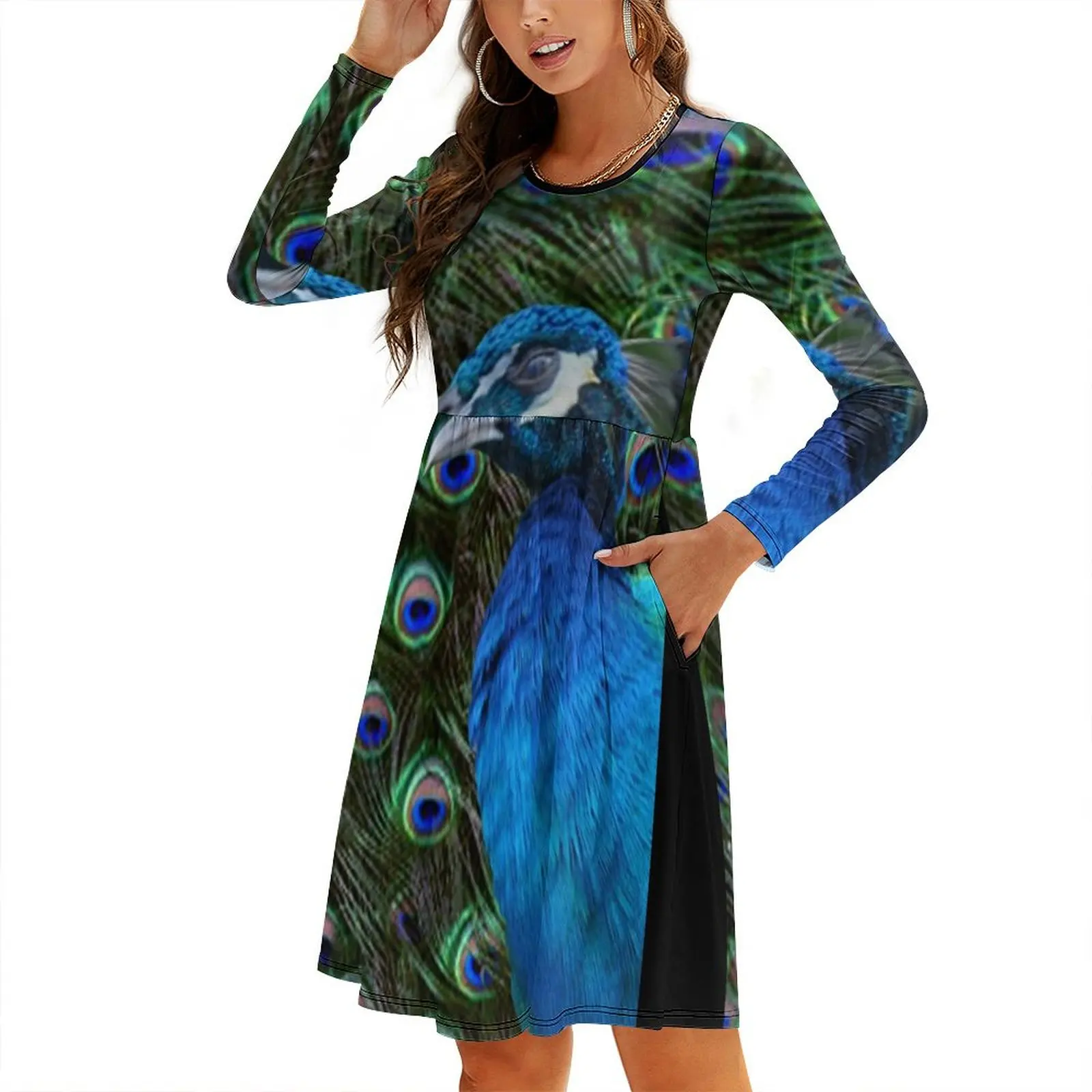 

Peacock and Feather Round Neck Baggy Dress Long dresses summer dresses women 2024