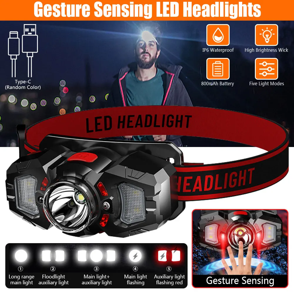 USB-recarreg-vel-LED-Sensor-farol-COB-farol-cabe-a-tocha-Camping-busca ...