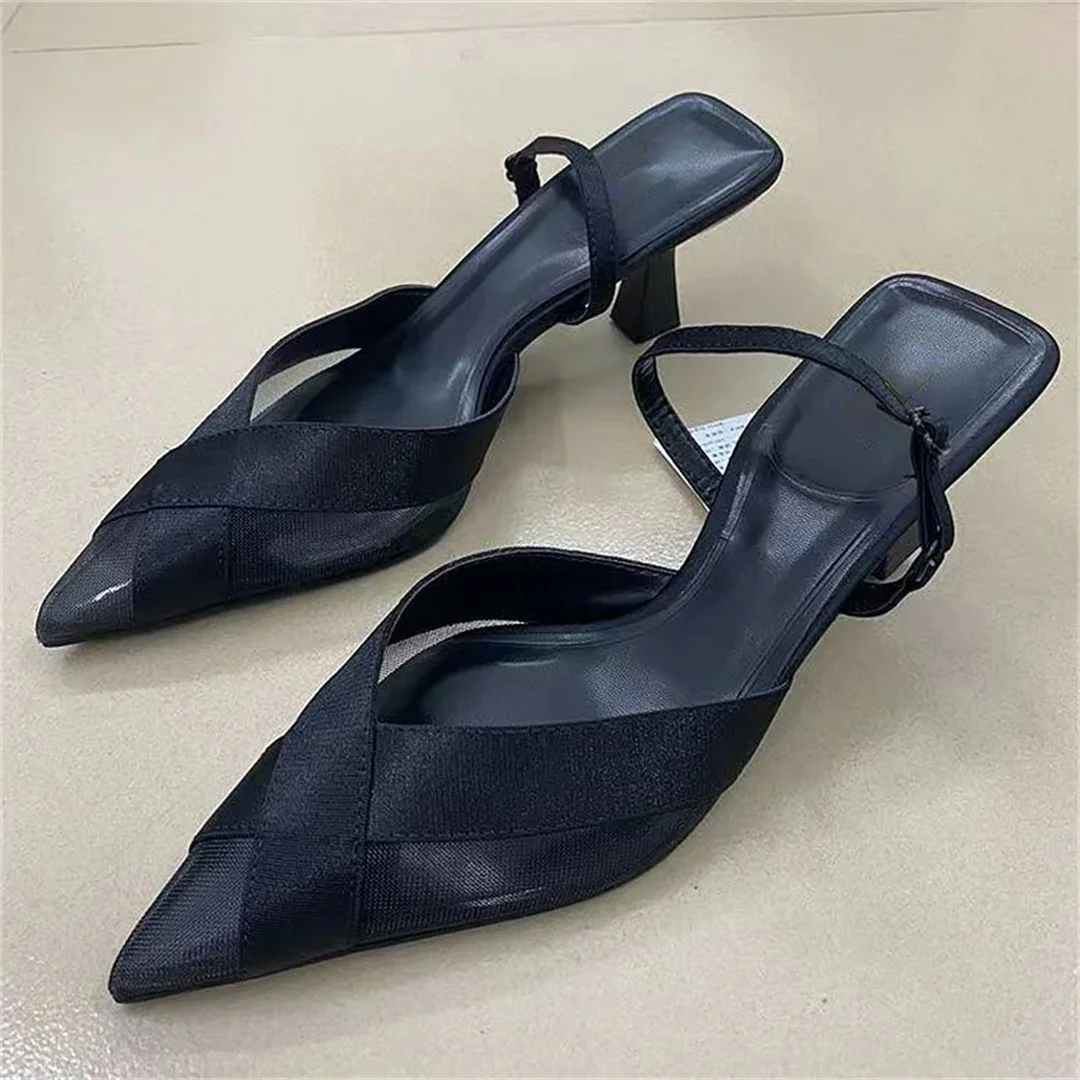 Point Head Kitten Heel Slingbacks Pumps For Women French Style Black Closed Head Mid-Heel Sandals Summer Sexy Cross Satins Shoes 6