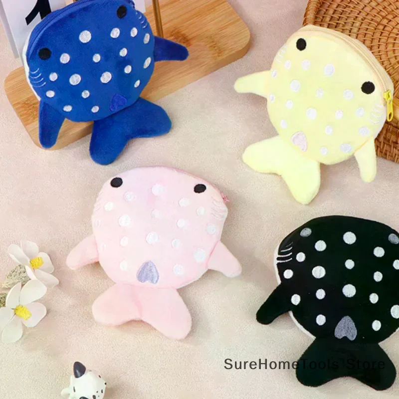 Cute Cartoon Shark Plush Coin Purse Zipper Zero Wallet for Kids Soft Animal Pendant Data Cable Bag Storage Pouch Girls Boys Gift