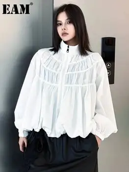 [EAM] Giacca Casual Bianca Plissettata Taglie Forti Nuova Collezione Collo Alto Manica Lunga Donna Moda Tendenza Primavera Autunno 2026 1DJ5241
