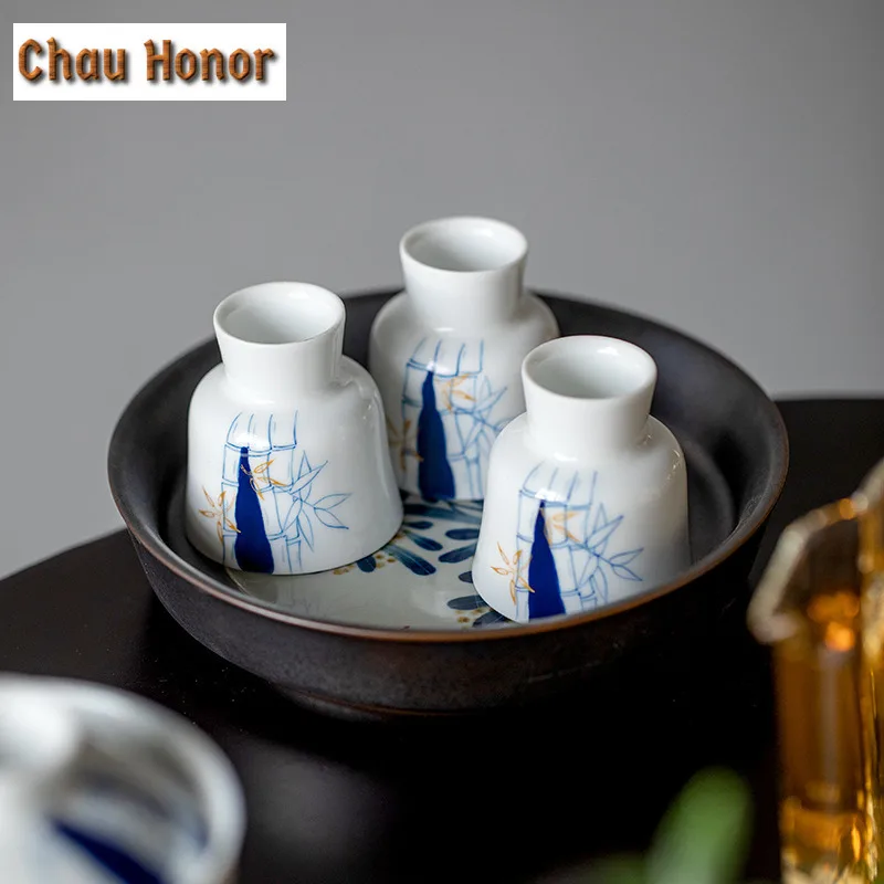 2pc/set Pure Hand-painted Blue Bamboo Ceramic Art Tea Cup Chinese Style Household White Porcelain Kung Fu Tea Master Cups 30ml