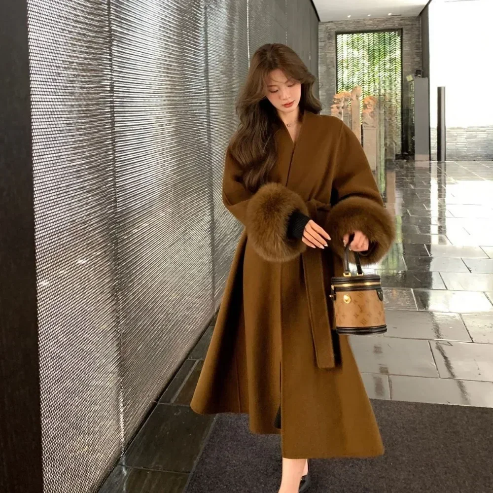 معاطف صوف بحزام للنساء ، معاطف فضفاضة ، ياقة فرو ك...