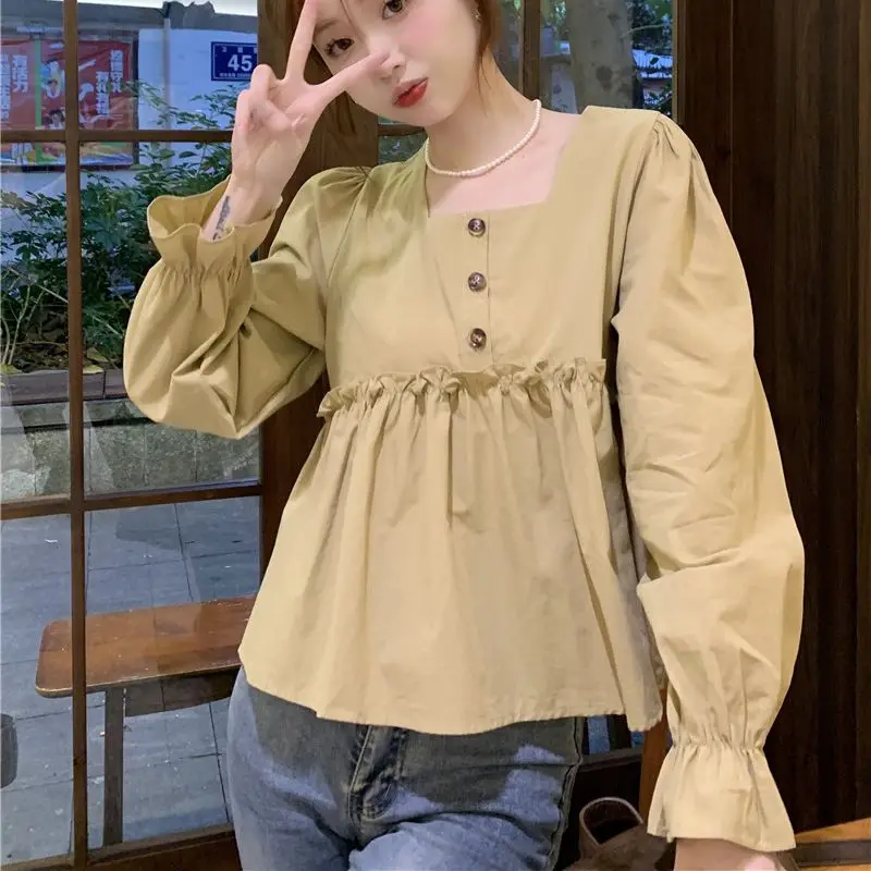 Autumn New Square Neck Long Sleeve Female Top Solid Color Long Flare Sleeve Ruffles Patchwork Woman Shirts Ladies Blouses Cute