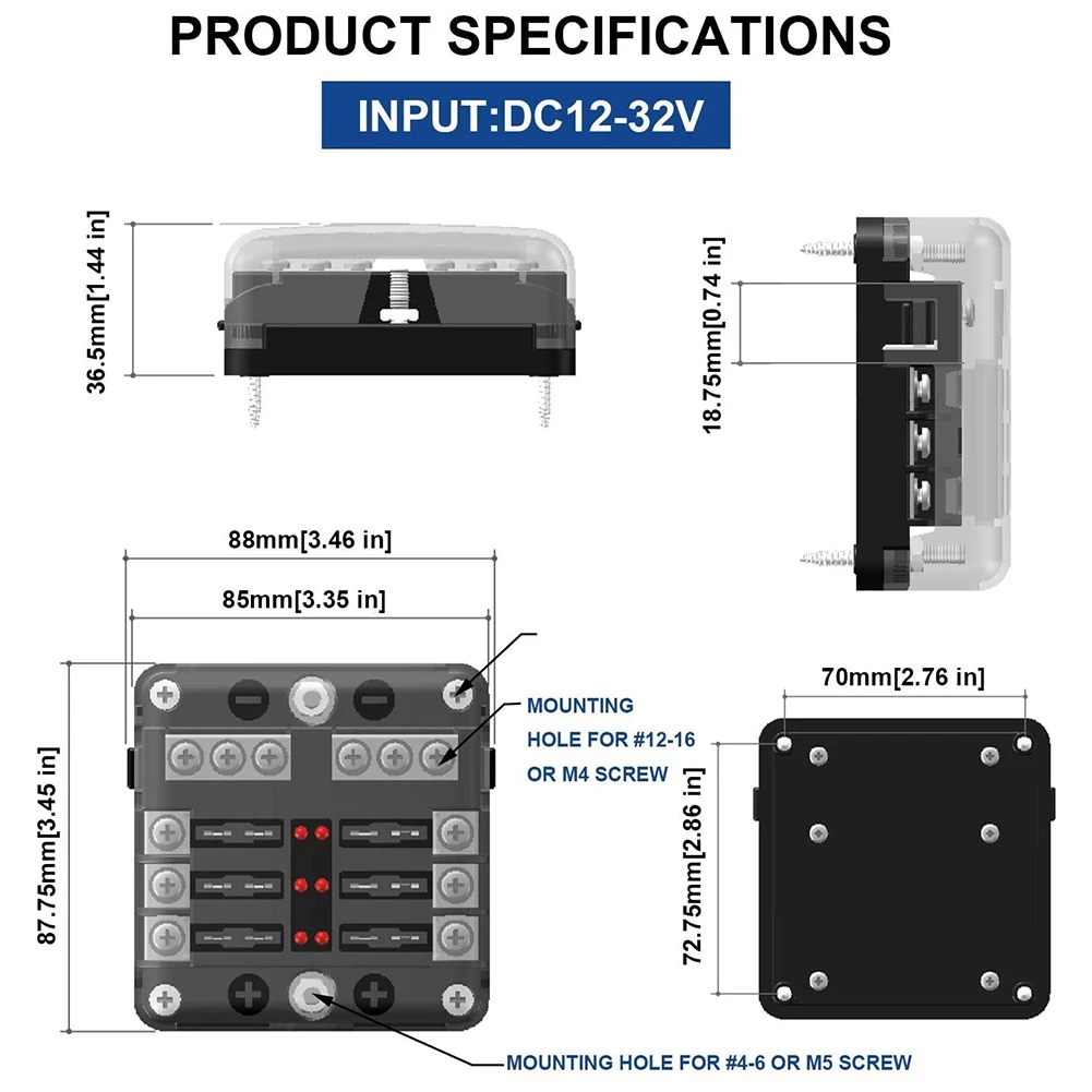 

Fuse Box with Negative Bus, 6 Way Blade Fuse Holder Block with LED Indicator for 12V Boat Car Automotive Truck Marine