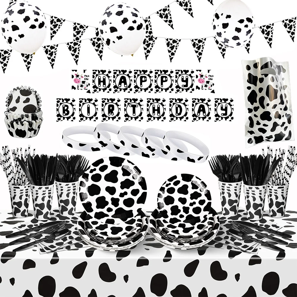

Farm Cow Print Barnyard Party Supplies Paper Plates Cups Bag Balloons Birthday Cowboy Farmhouse Picnic Party Tableware Bracelets
