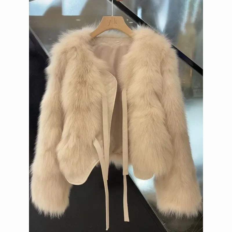 

Winter Short Faux Fur Coats Warm Lace-up Imitate Fox Furs Jackets Korean Fashion Loose Plush Outerwear Women Luxury Furry