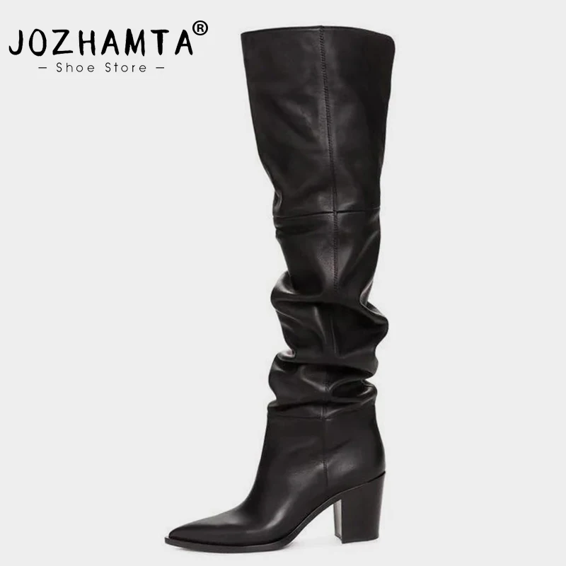 

JOZHAMTA Size 36-43 Thigh High Boots Women Genuine Leather Pointed Toe High Heels Winter Shoes Woman Luxury Brand Over Knee Boot