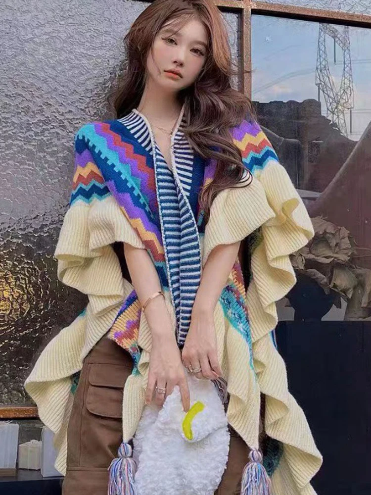 Colored Stripe Ruffles New Women Shawl Autumn Winter Warm  Elegant  Temperament Defend Wind Fashion Comfortable Versatile Cloak