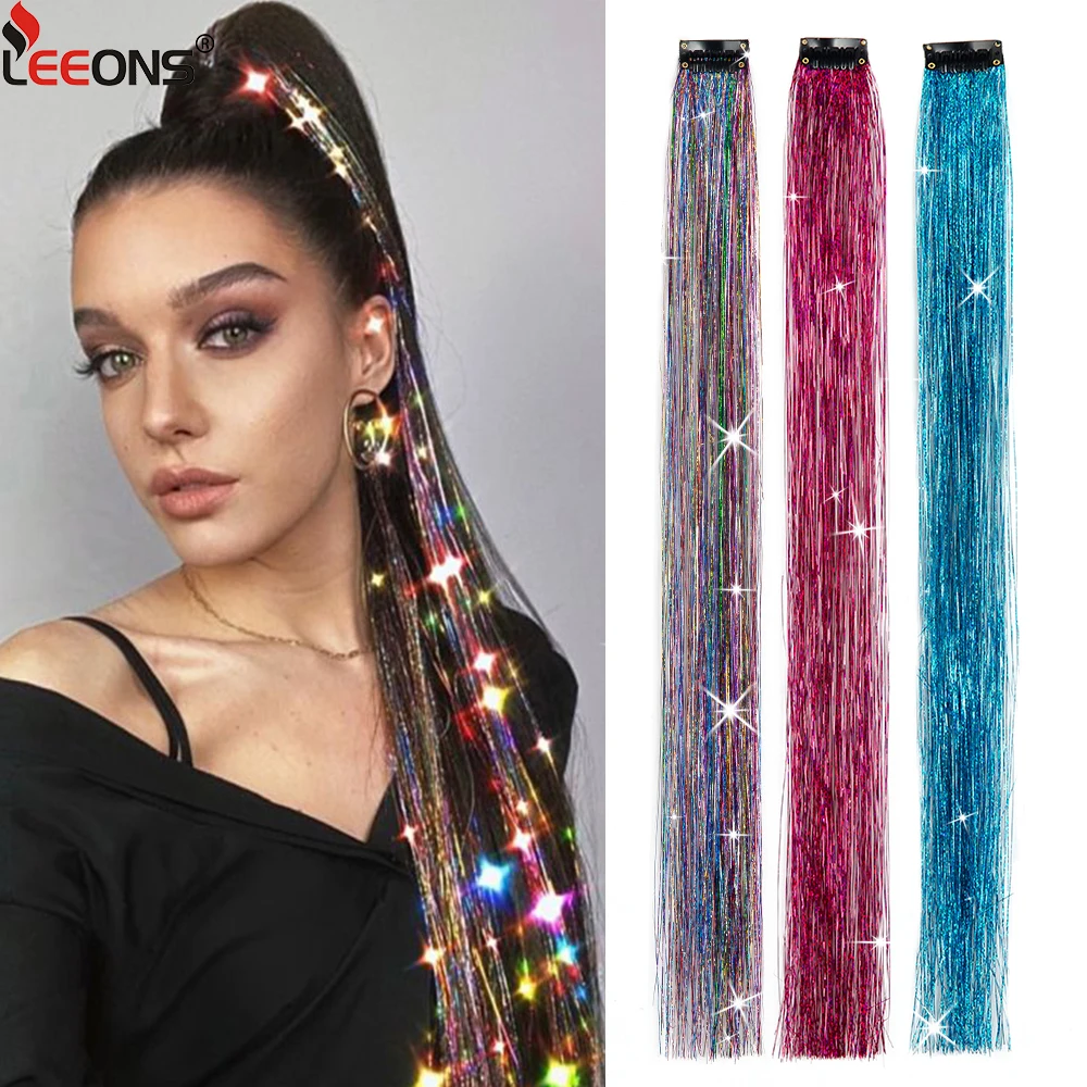 

New 5Pack 50Cm Rainbow Sparkle Tinsel Clip On In Hair Extensions For Girls Women Glitter Party Hair Accessories Bling Hair Piece